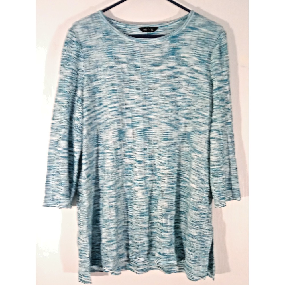 Misook sz L Top Shirt Tunic Blue Heathered Textured knit blouse  3/4 sleeves